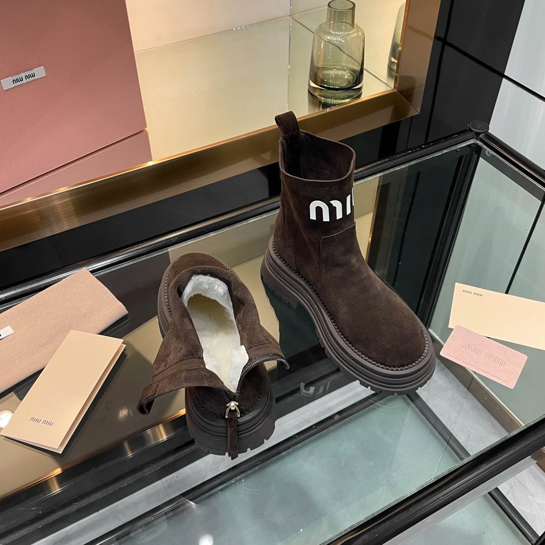 Miumiu 26s Logo Chunky Ankle Boots Dark Brown Suede