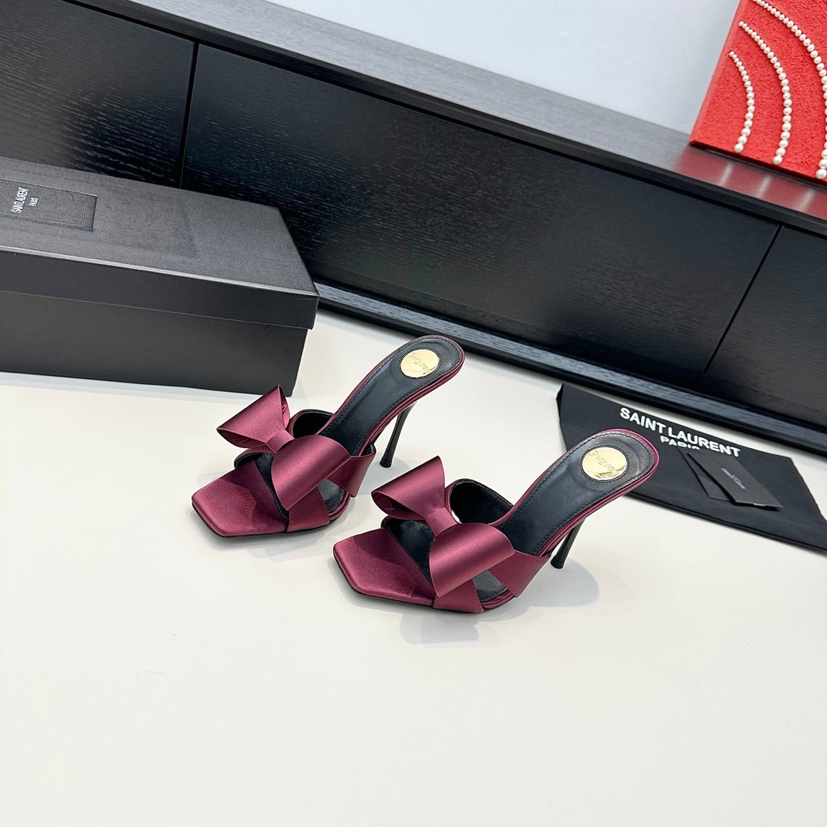 YSL 26S Heeled Sandals 105 Mm In Dark Red Satin