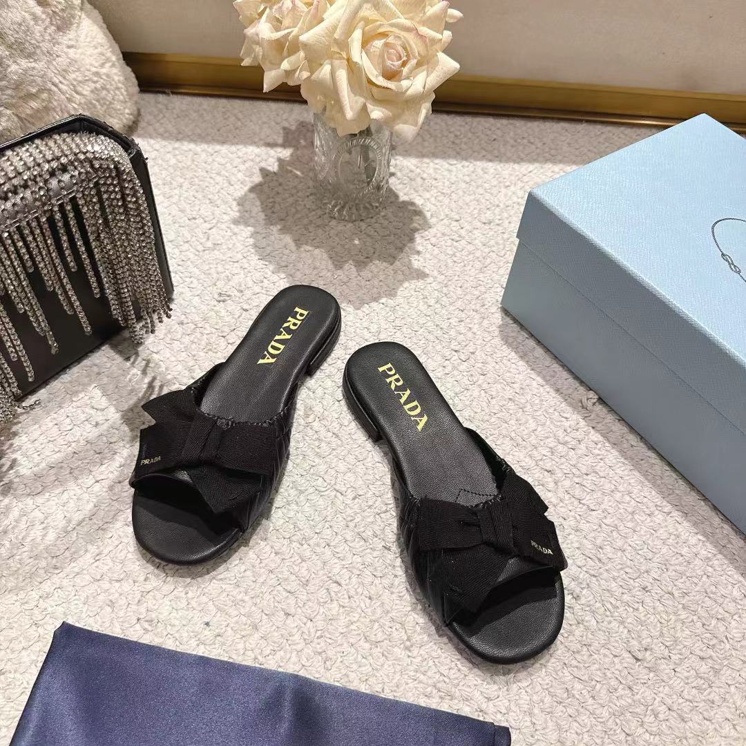 Prada 26s Ruched Bow Slide Sandals Black Calfskin