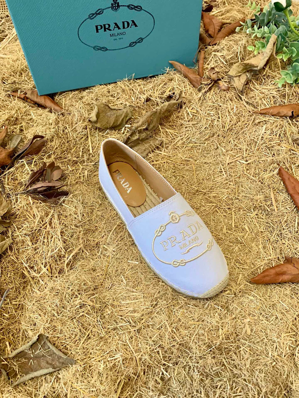Prada 26s Espadrille Flats White Canvas Embroidered Logo