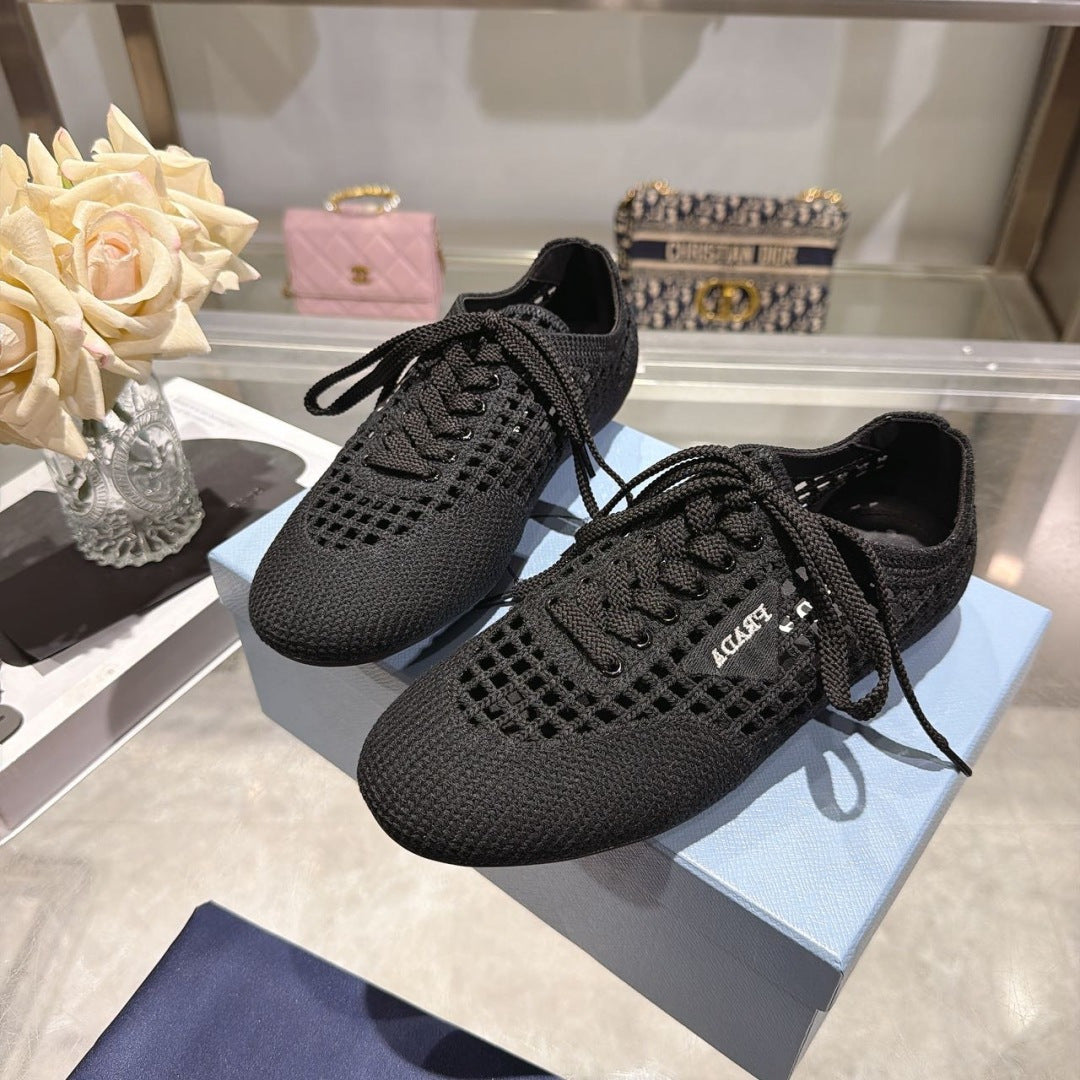 Prada 26s Lace Up Openwork Knit Sneakers Black Knit Fabric