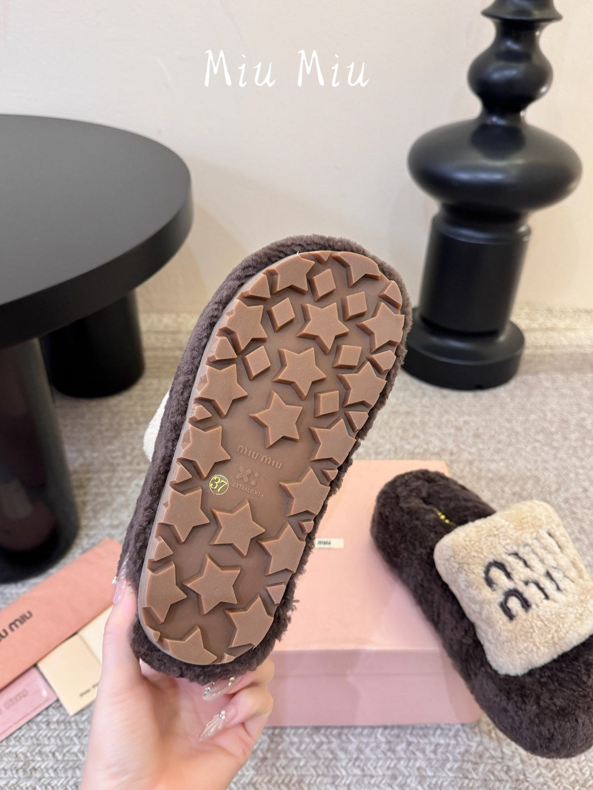 Miumiu 26s Platform Slides Dark Brown And Beige Shearling