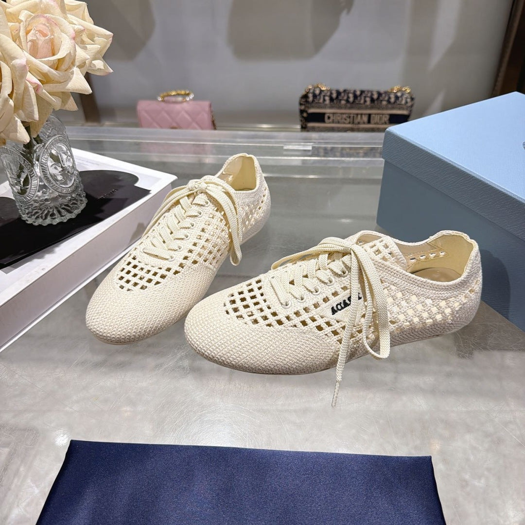Prada 26s Lace Up Openwork Knit Sneakers Ivory White Knit Fabric