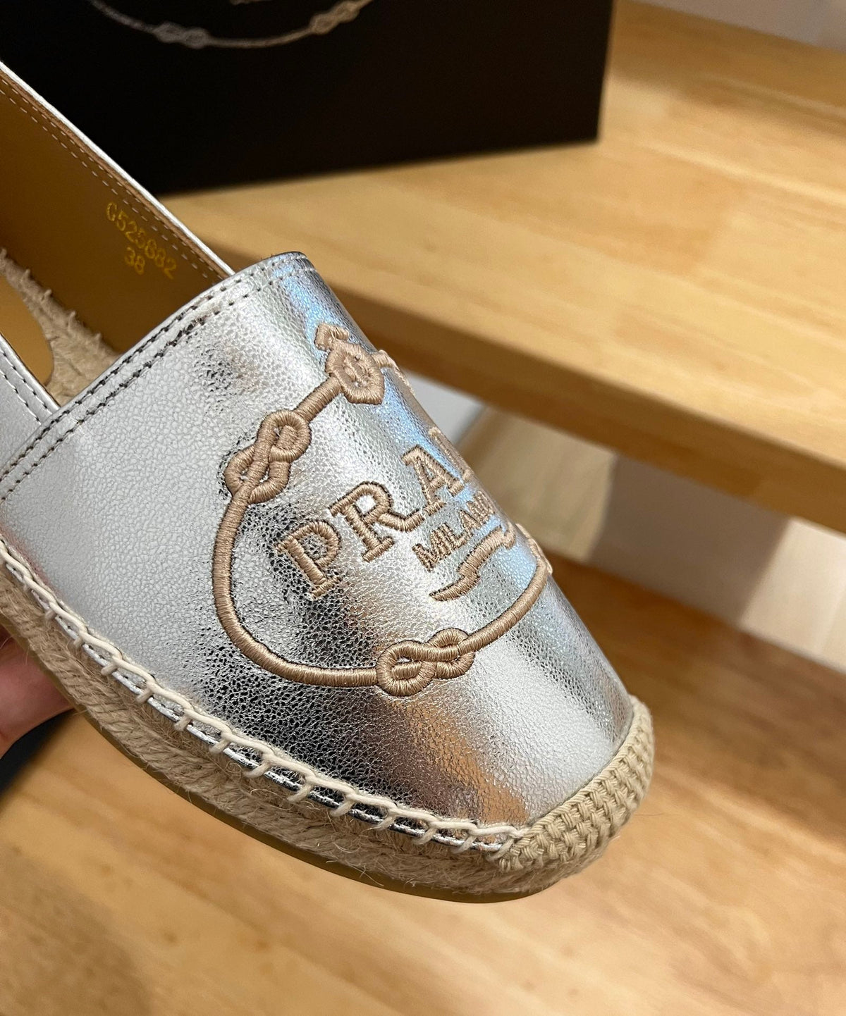 Prada 26s Embroidered Logo Espadrille Flats Silver Calfskin
