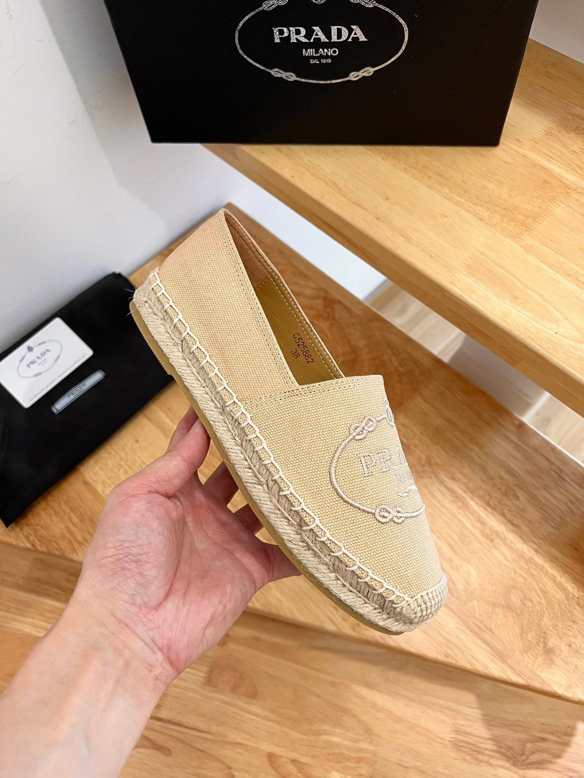 Prada 26s Embroidered Logo Espadrille Flats Beige Canvas