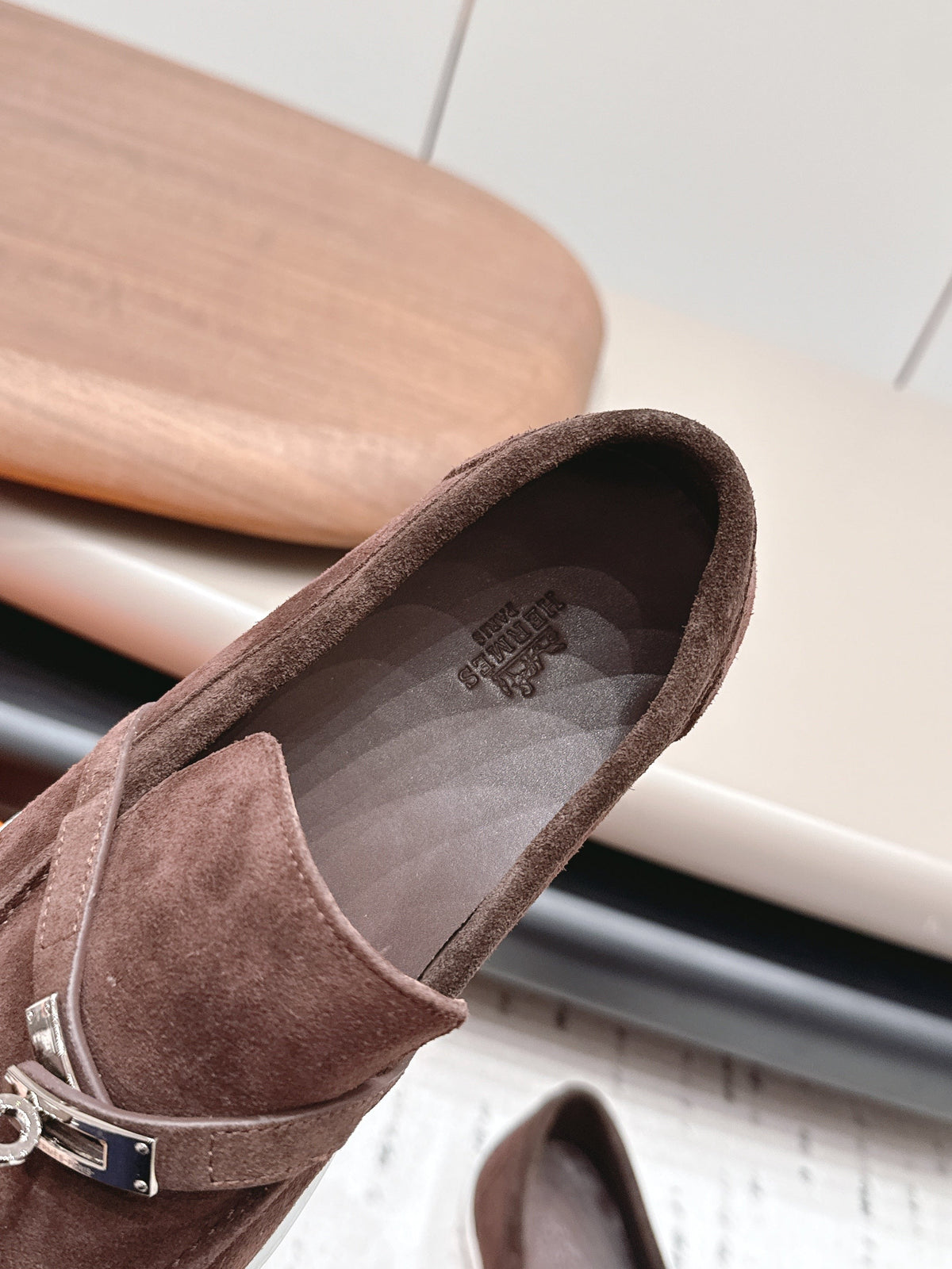 HM 26S Kelly Paris Loafers Dark Brown Suede Silver Hardware
