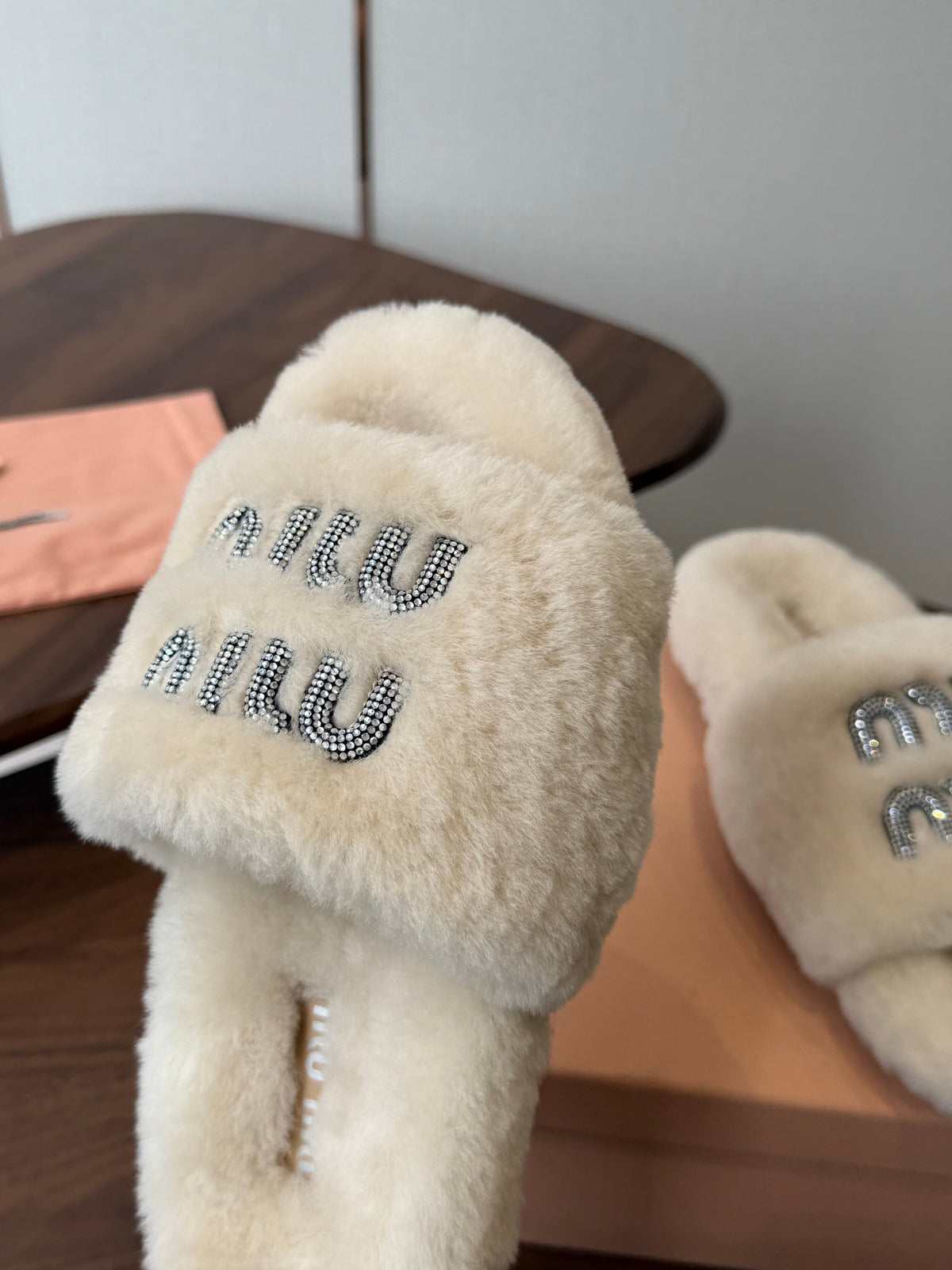 Miumiu 26s Crystal Logo Slides Light Beige Shearling