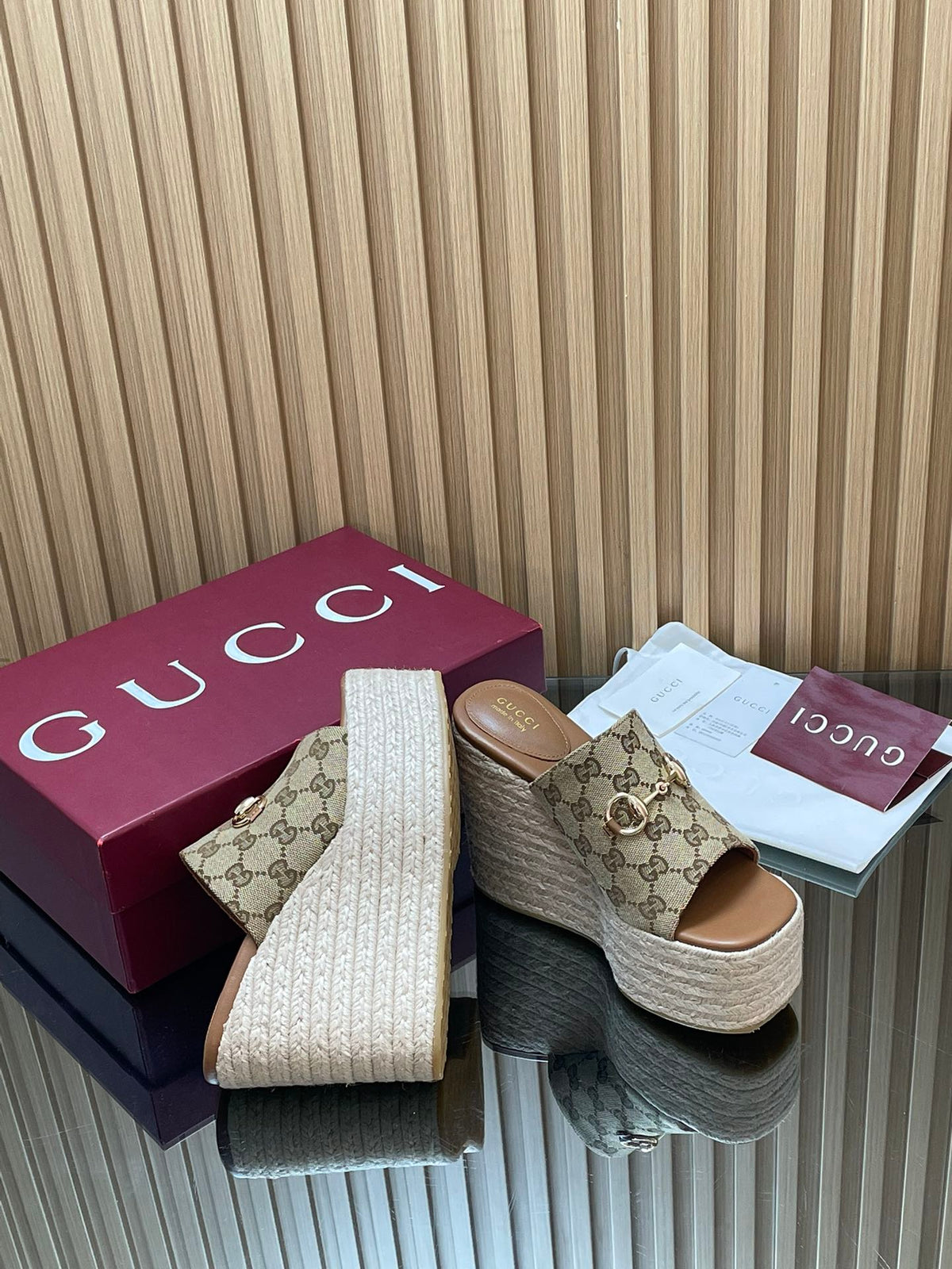 Gucci 26S Wedge Sandals 11Cm In Beige Canvas GG Monogram