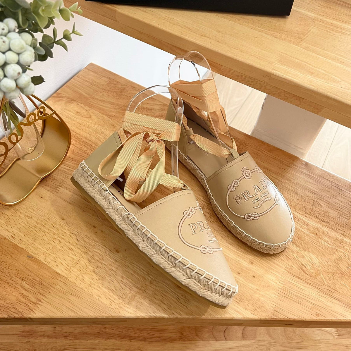 Prada 26s Lace Up Espadrille Flats Beige Calfskin
