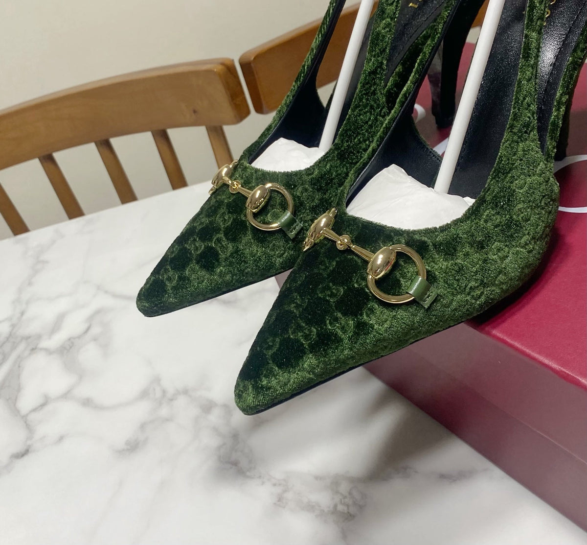 Gucci 26s Slingback Heels 8.5cm Dark Green Velvet