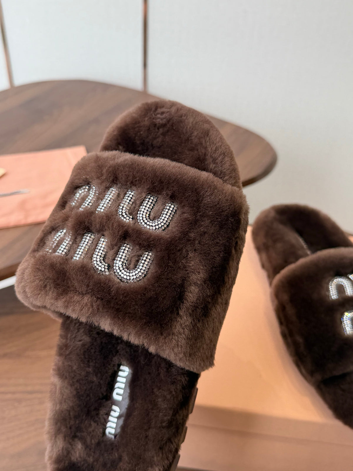 Miumiu 26s Crystal Logo Slides Dark Brown Shearling