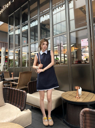 CD Color-Blocked Striped Collared Sleeveless Dress Blue Cotton 392610