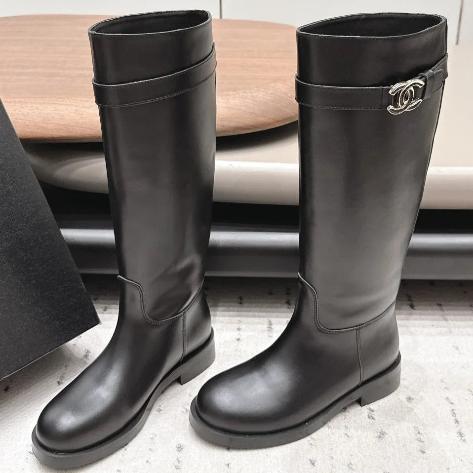 Chanel 2026 Round-Toe Zip-Up Knee-High Boots Cowhide 976099