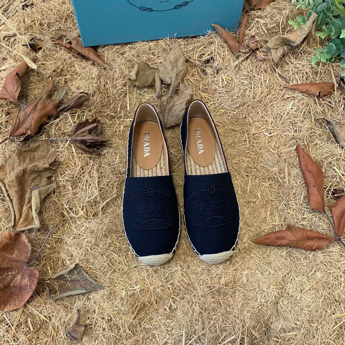 Prada 26s Espadrille Flats Black Canvas Embroidered Logo
