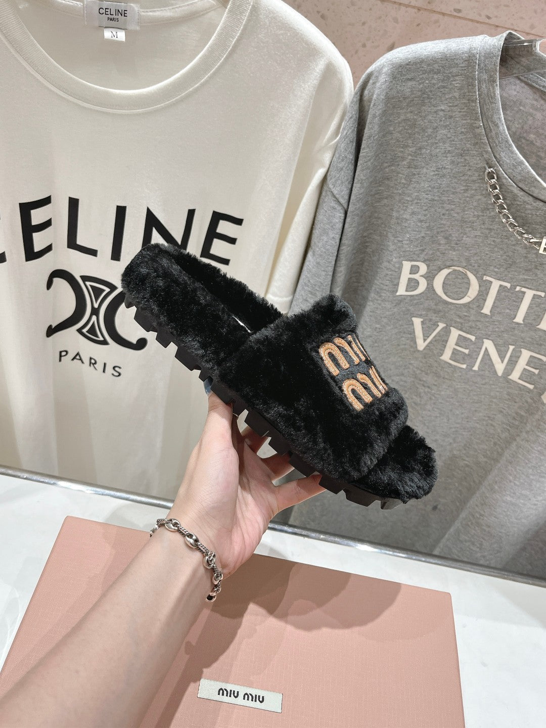 Miumiu 26s Flat Slides Black Shearling