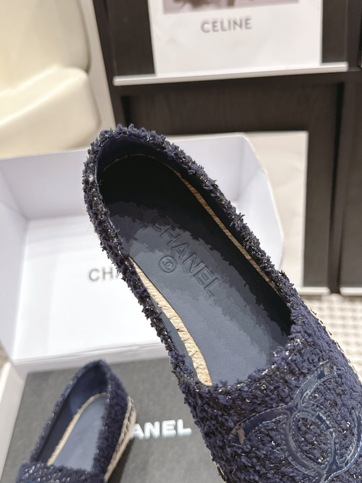 CC 26S Slip-Ons in Navy Blue Tweed and Patent Calfskin