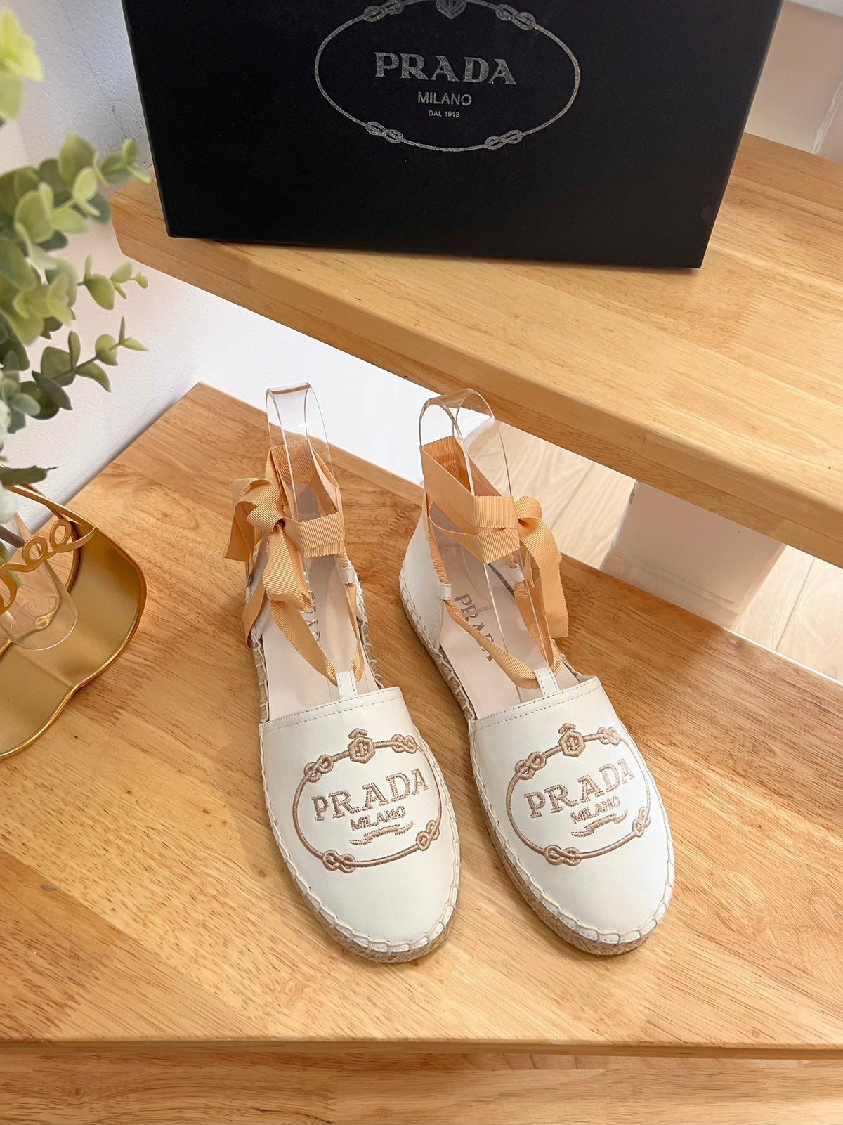 Prada 26s Lace Up Espadrille Flats Cream White Calfskin