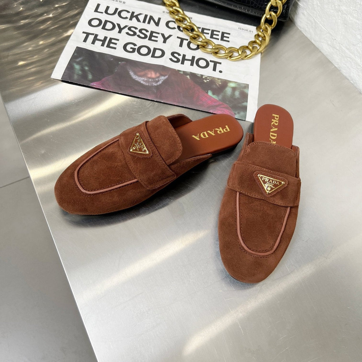 Prada 26s Mule Loafers Chocolate Brown Suede With Logo