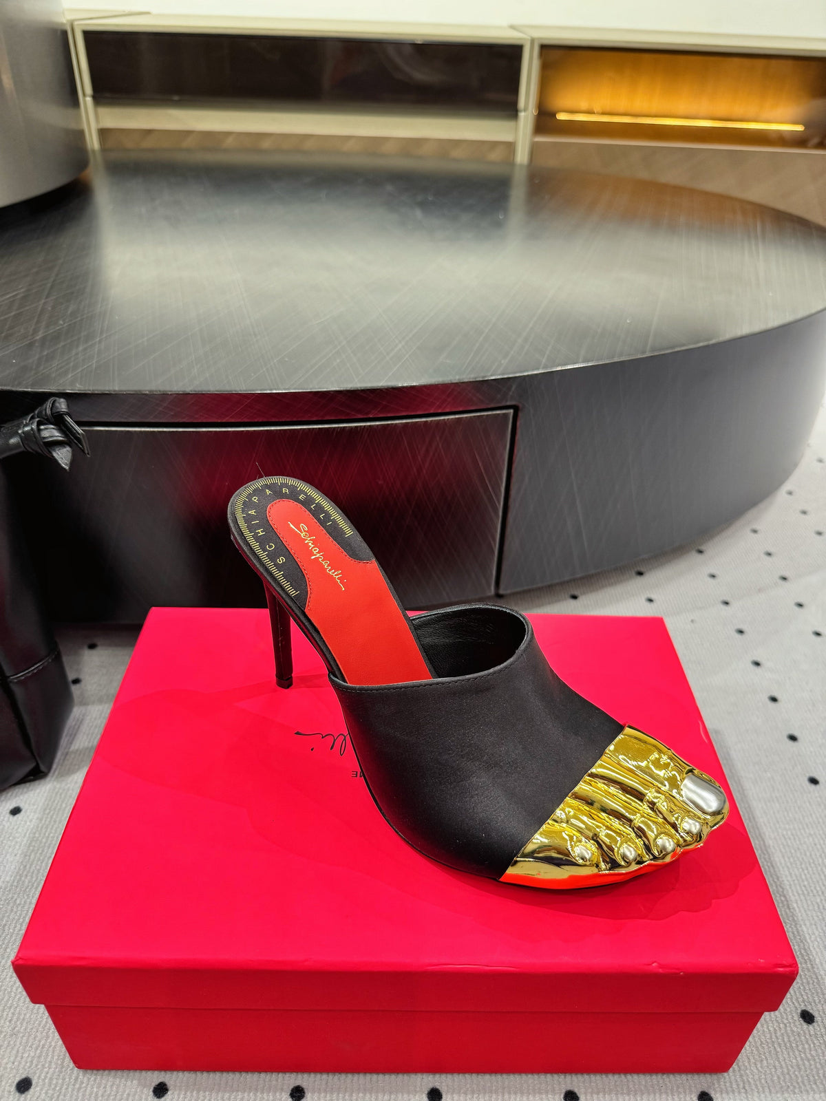 MS Trompe L'oeil Toe Mules 10.5cm Black Gold Leather Blend With Silk