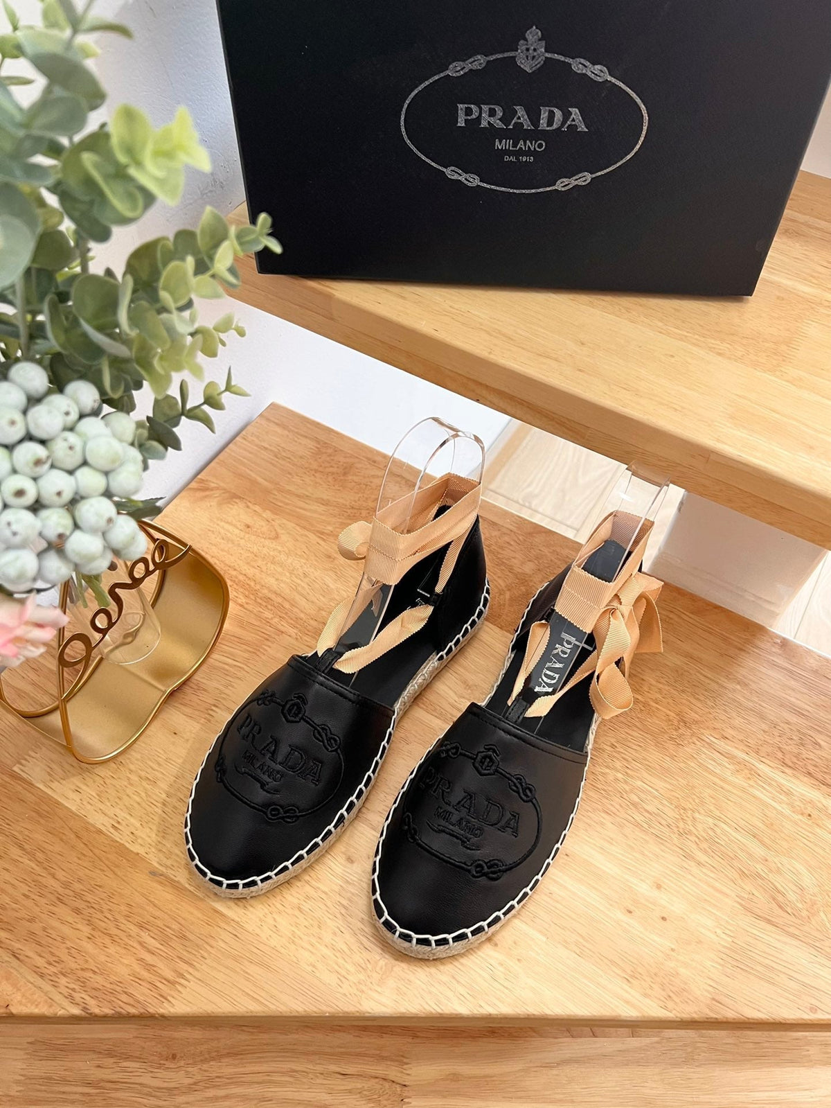 Prada 26s Lace Up Espadrille Flats Black Calfskin