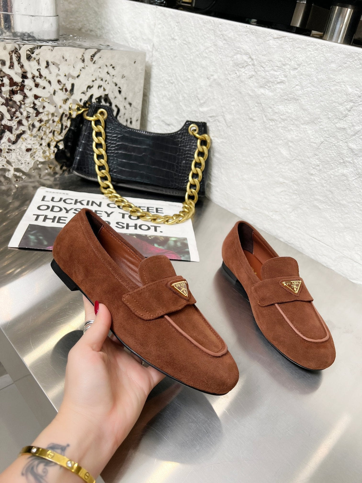 Prada 26S Classic Loafers Chocolate Brown Logo Suede