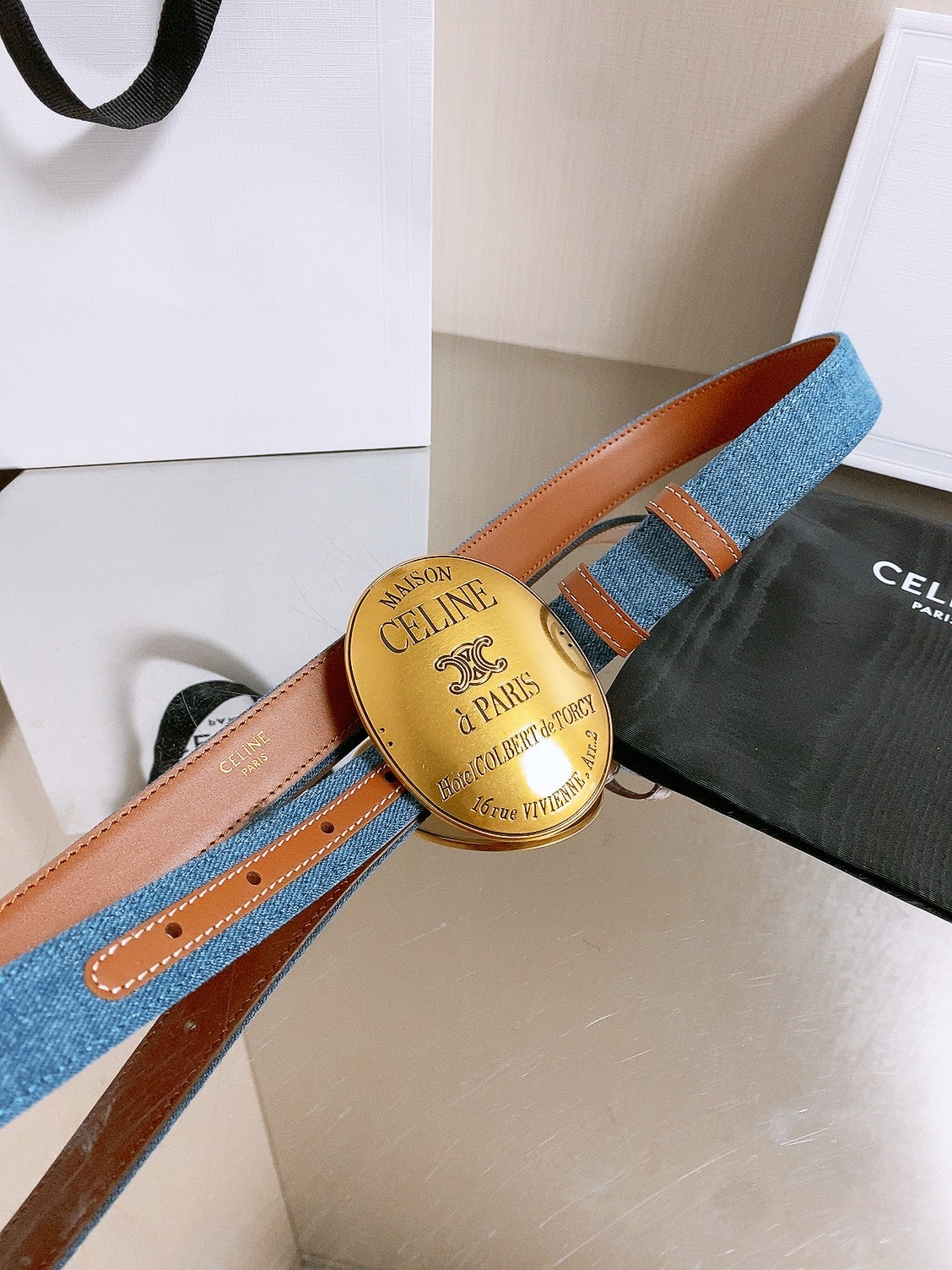 Celine 2026 Maison Oval Buckle Belt 25mm Blue Canvas Leather