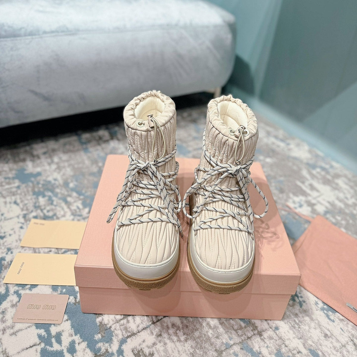 Miumiu 26s Ankle Snow Boots Beige Fabric