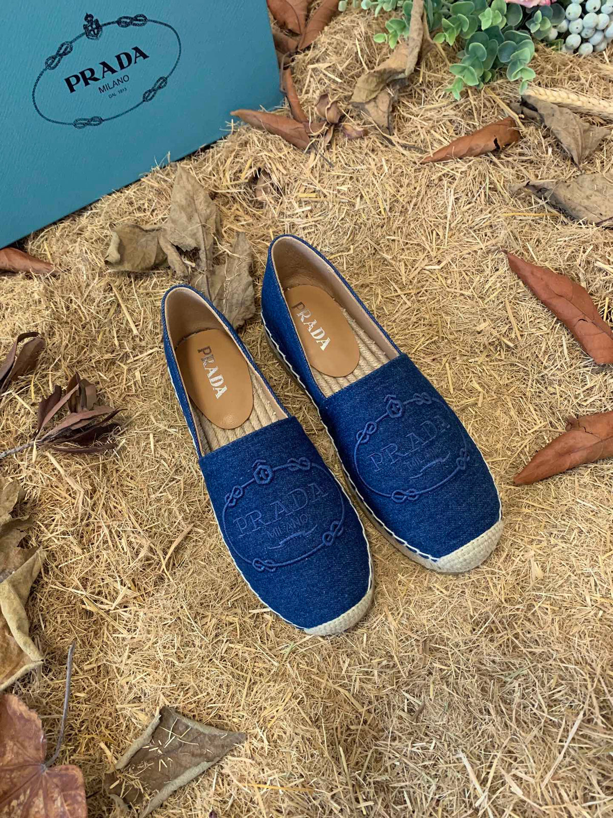 Prada 26s Espadrille Flats Blue Denim Embroidered Logo