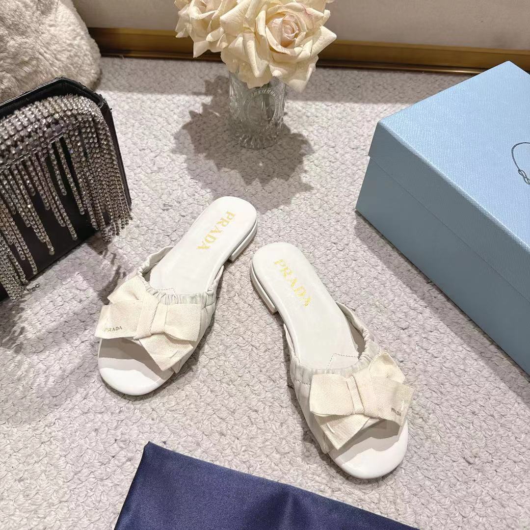 Prada 26s Ruched Bow Slide Sandals Cream White Calfskin