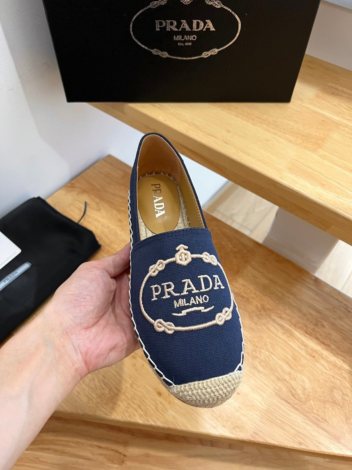 Prada 26s Embroidered Logo Espadrille Flats Navy Blue Canvas