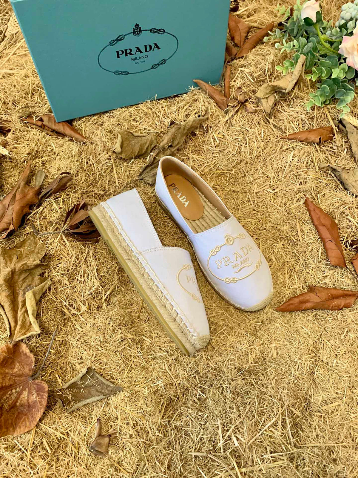 Prada 26s Espadrille Flats White Canvas Embroidered Logo