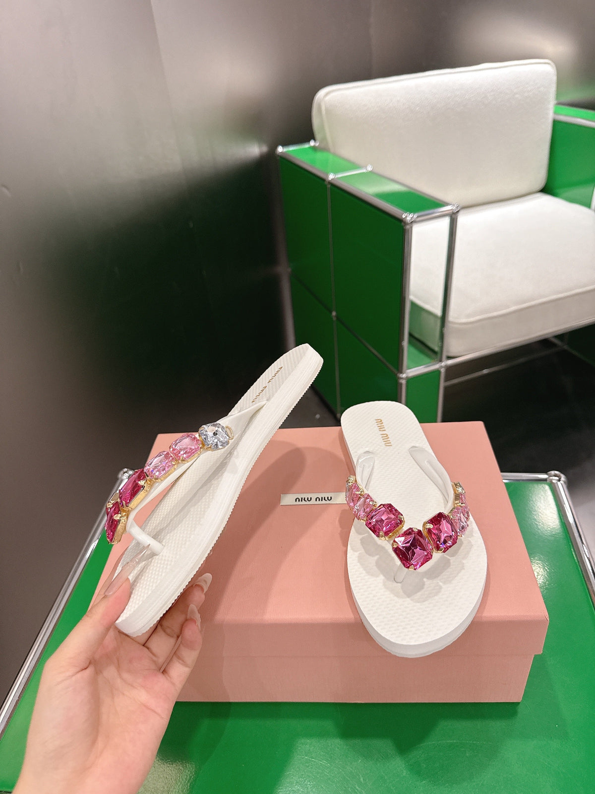 Miumiu 26s Thong Sandals White Eva Pink Crystal-embellished