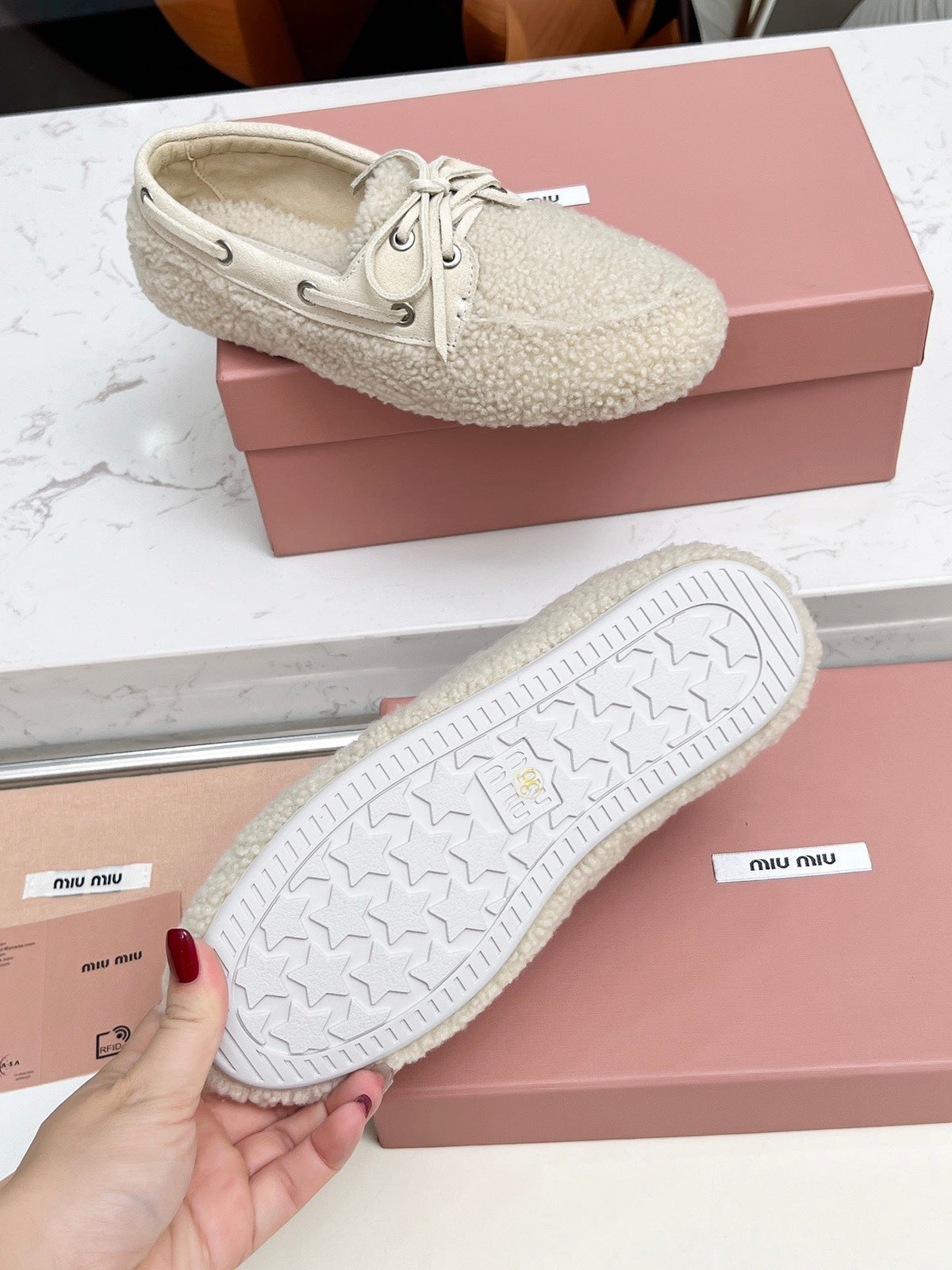 Miumiu 26s Boat Loafers Beige Shearling