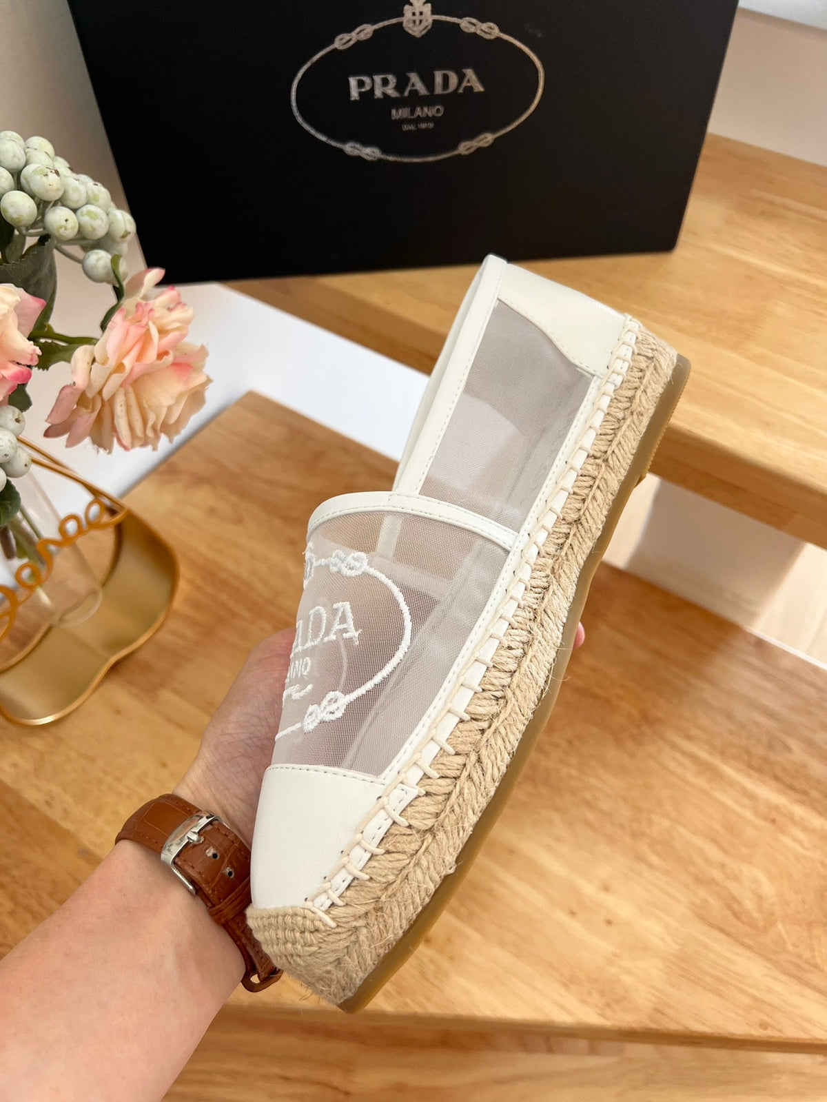 Prada 26s Embroidered Logo Espadrille Flats Ivory White Mesh Calfskin