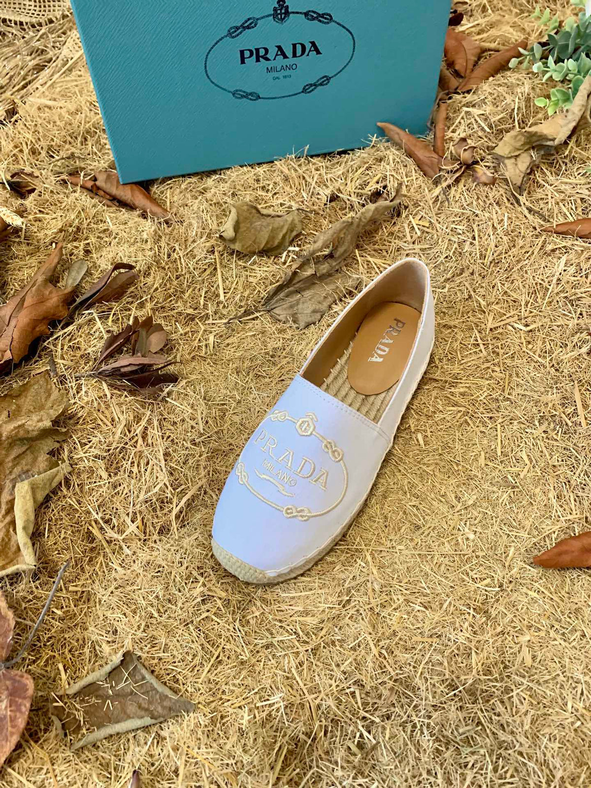 Prada 26s Espadrille Flats White Canvas Embroidered Logo