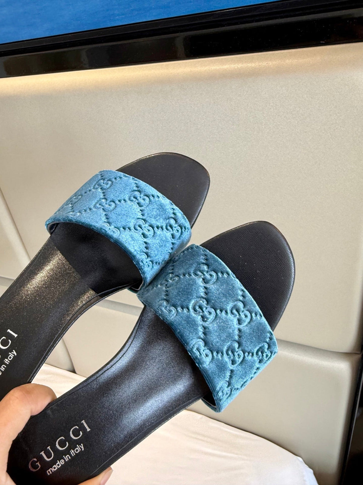Gucci 26s Slide Sandals 5.5cm Dusty Blue Velvet