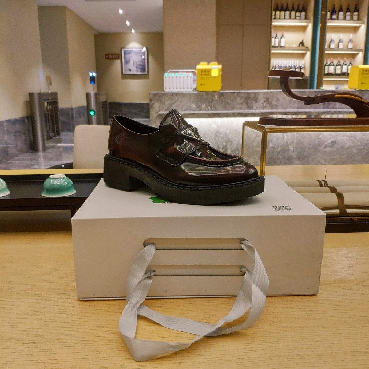 Prada 26S Penny Loafers 55mm Burgundy Red Patent Calfskin