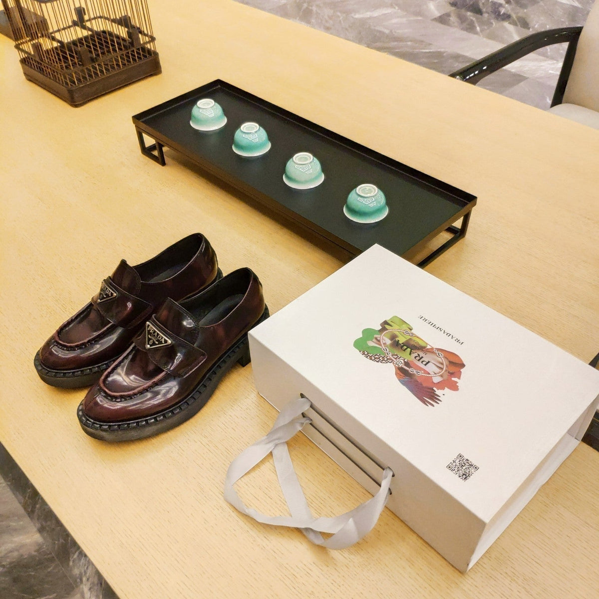 Prada 26S Penny Loafers 55mm Burgundy Red Patent Calfskin