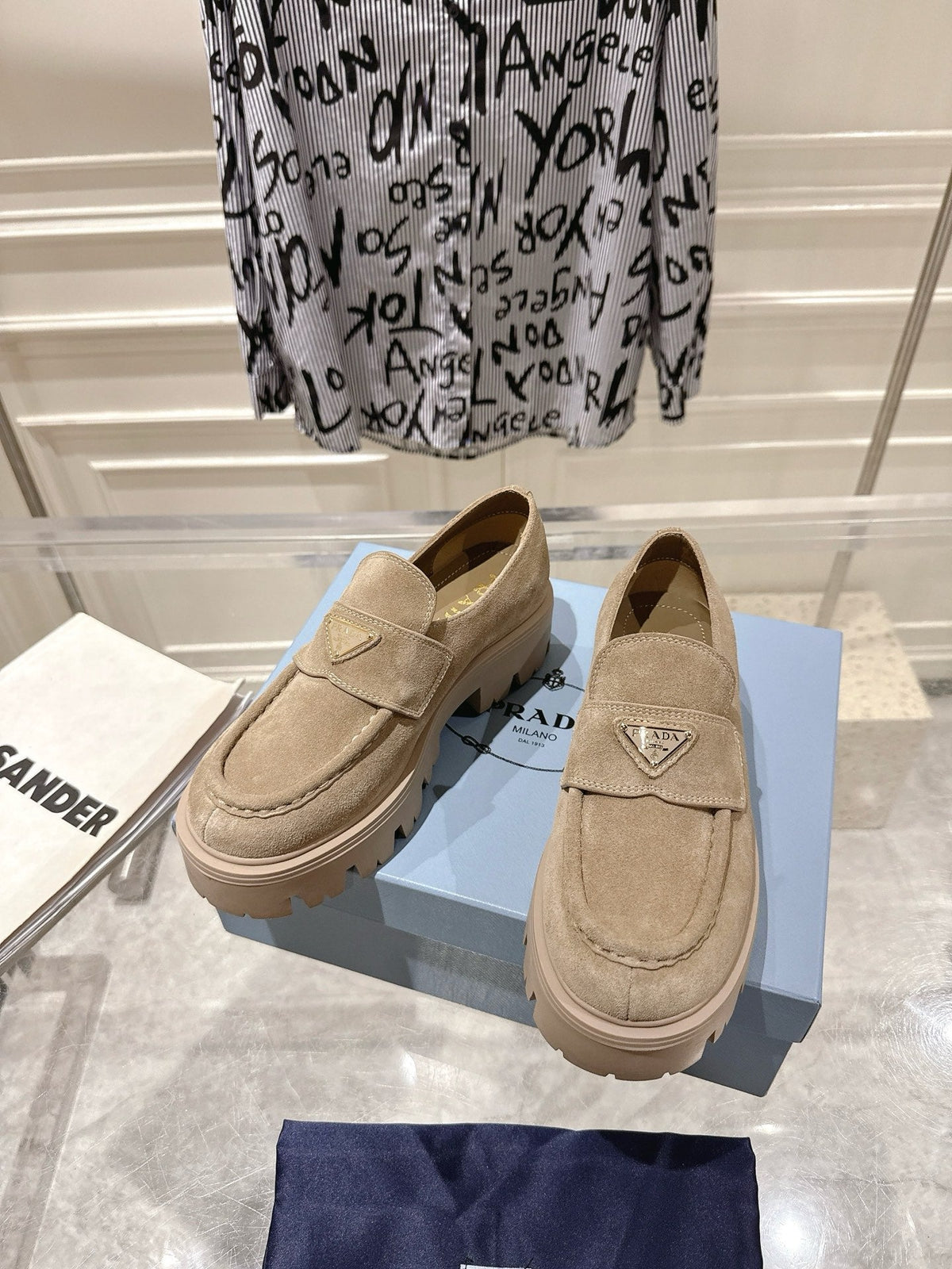 Prada 26S Platform Loafers 45mm Beige Suede