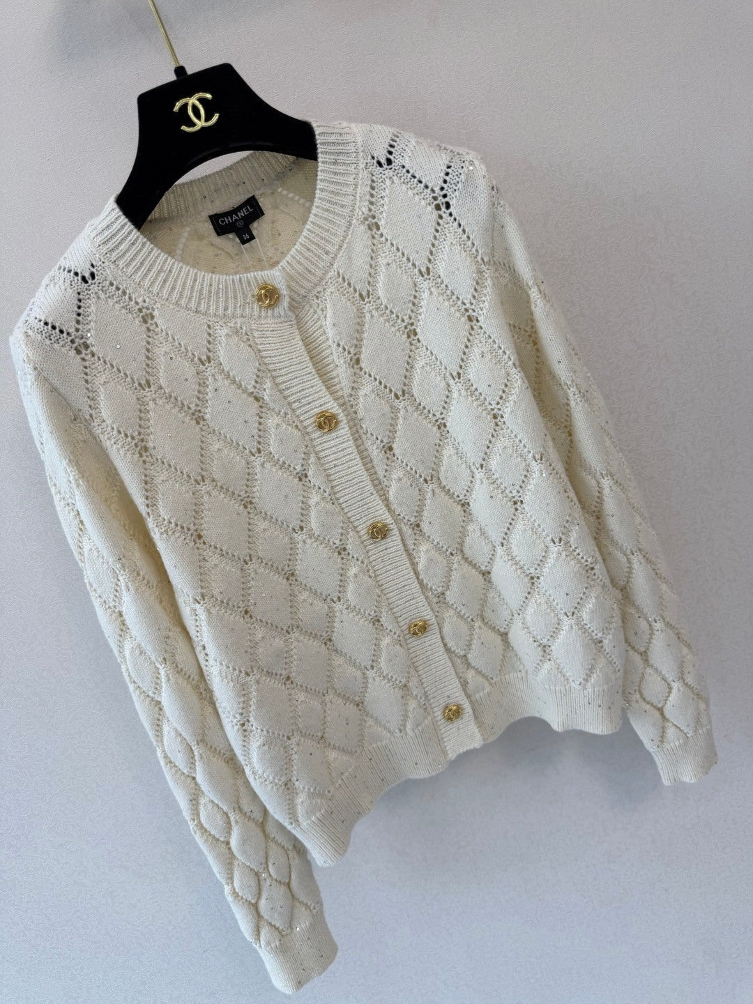 CC 26S Diamond Knit Cardigan Gold Buttons Off-White Cashmere 433642