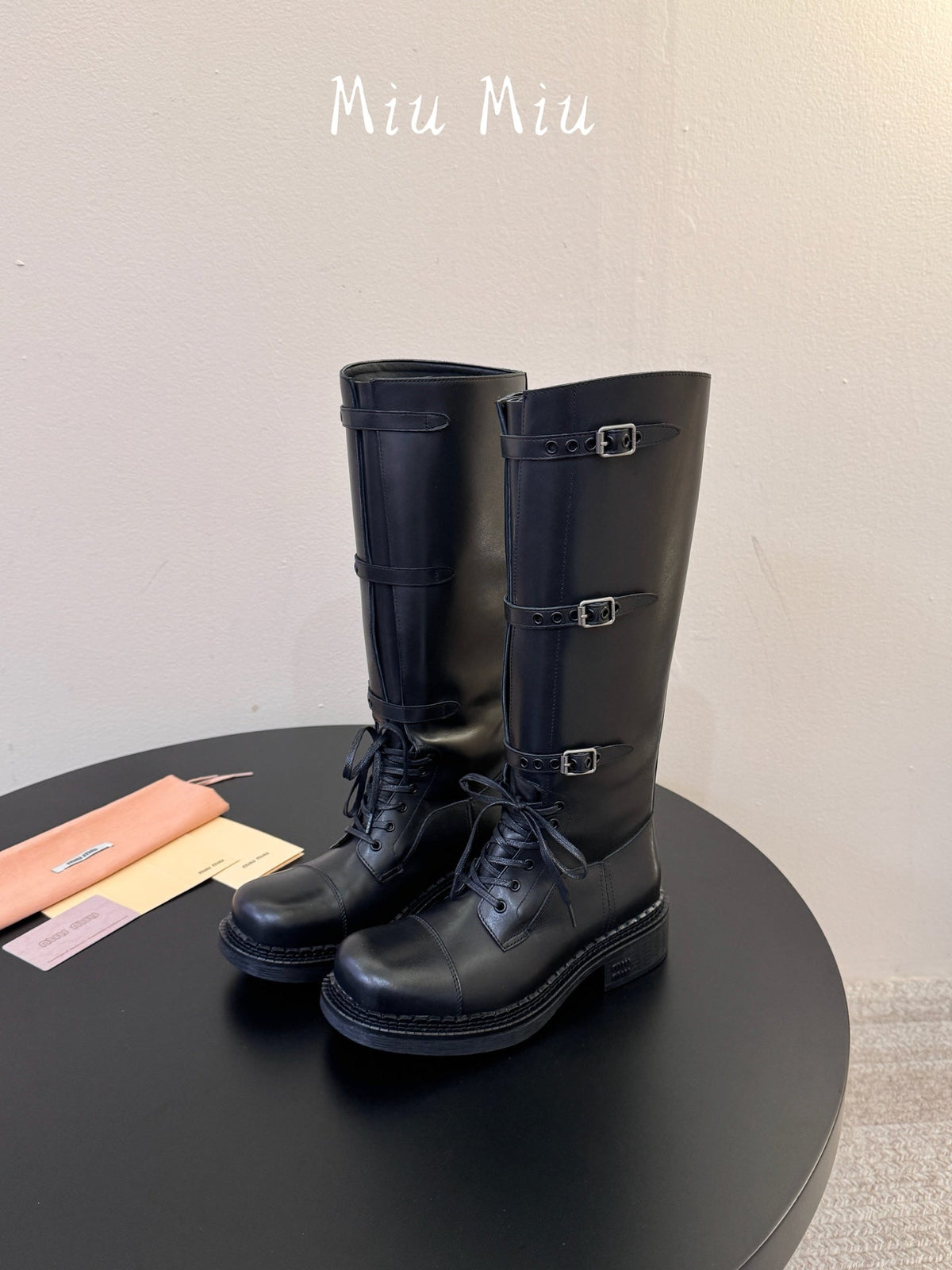 Miumiu 26s Lace-up Knee-high Boots Black Calfskin