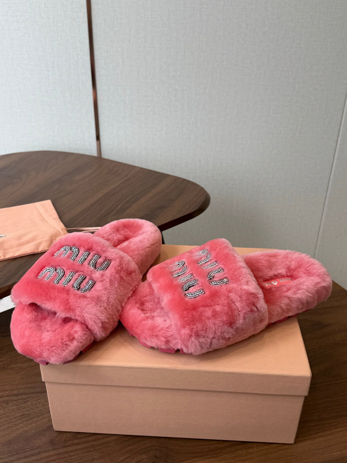Miumiu 26s Crystal Logo Slides Pink Shearling
