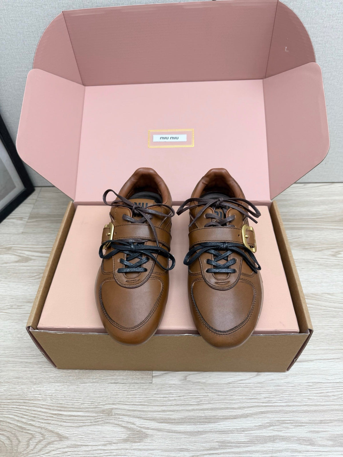 Miumiu 26s Buckle Sneakers Brown Calfskin With Gold Hardware