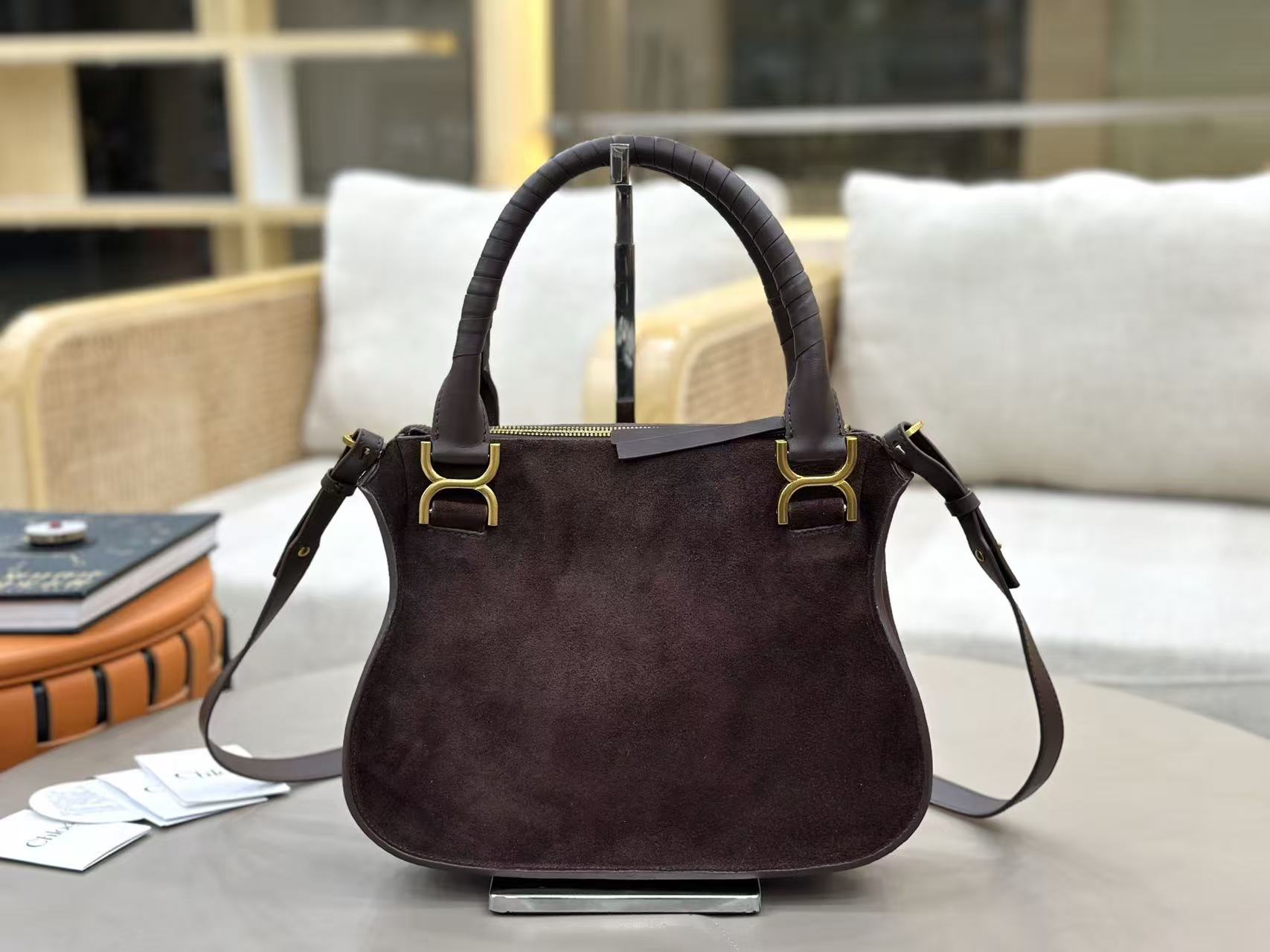 Marcie Bag In Grained Leather Dark Brown Suede