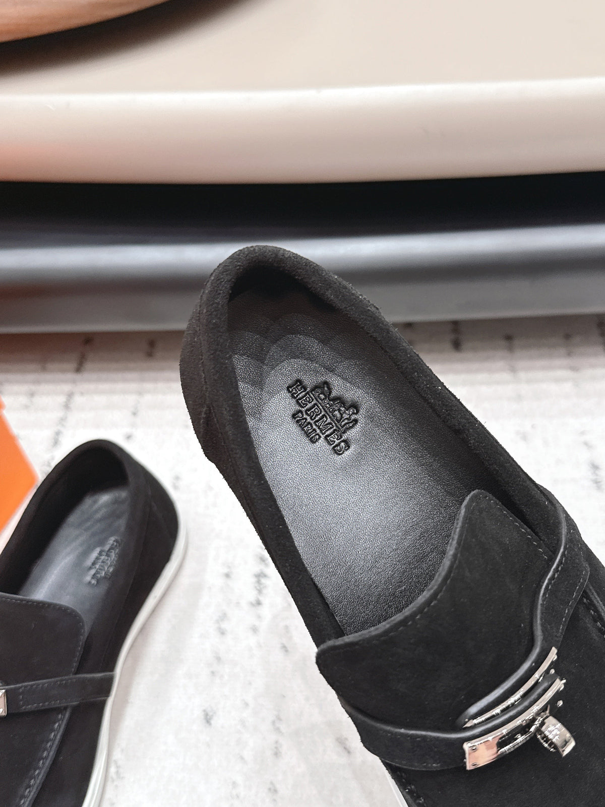 HM 26S Kelly Paris Loafers Black Suede Silver Hardware