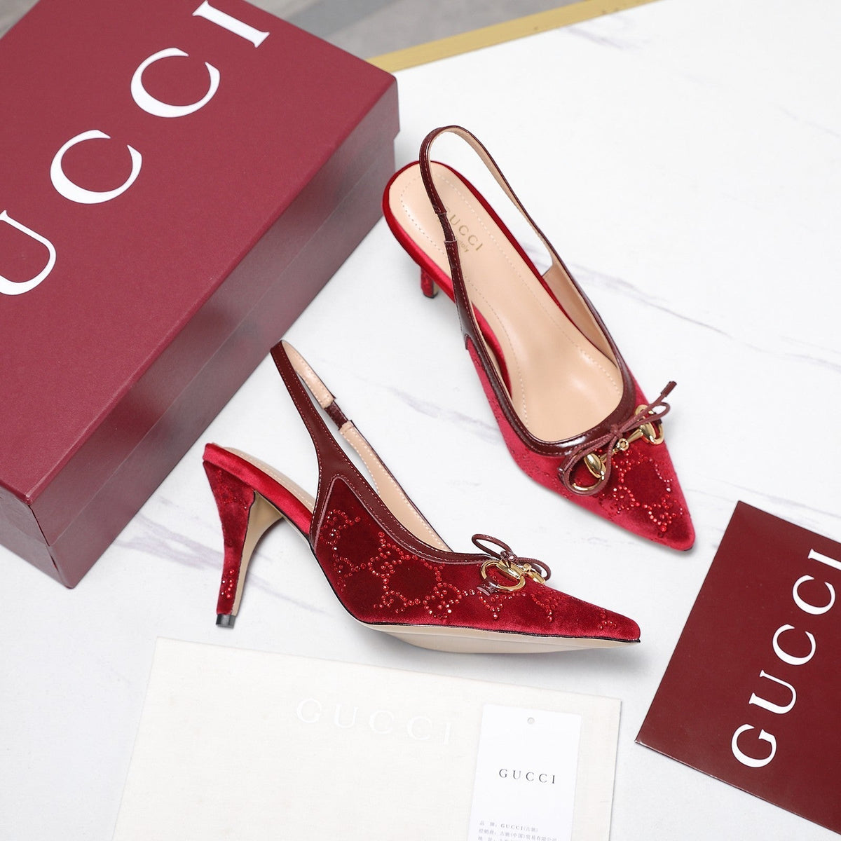 Gucci 26s Slingback Pumps 10cm Dark Red Velvet Gold Hardware With Bow
