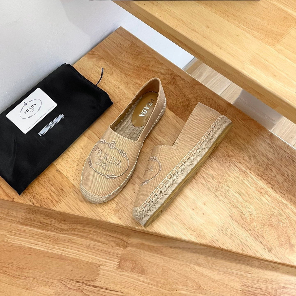Prada 26s Embroidered Logo Espadrille Flats Beige Canvas