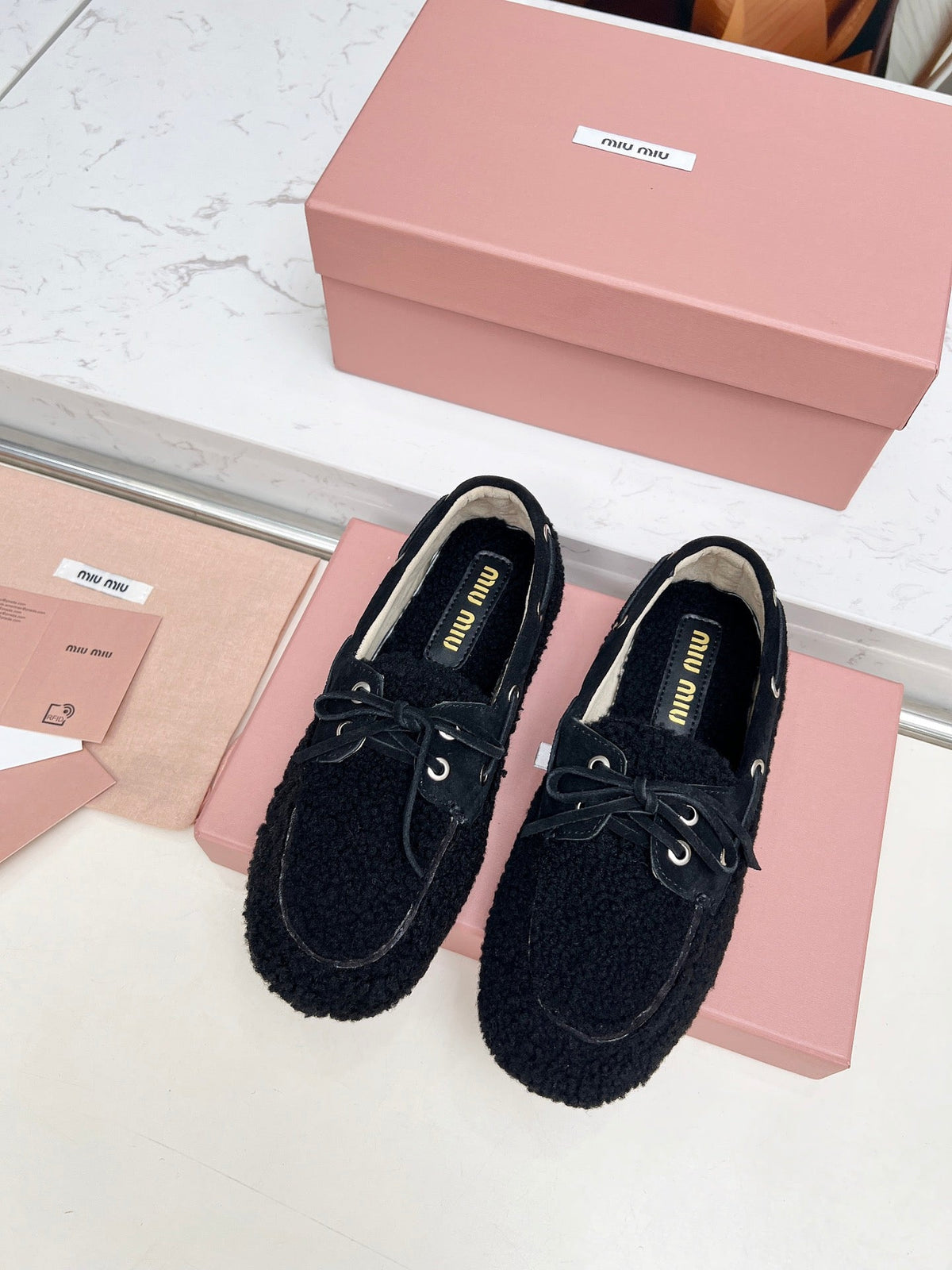 Miumiu 26s Boat Loafers Black Shearling