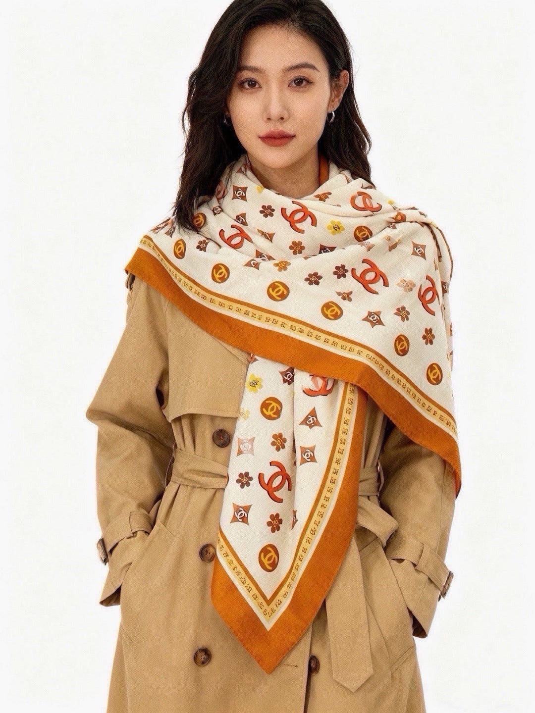 Chanel 2026 Floral Motifs Scarf 140cm Brown White Silk 213755