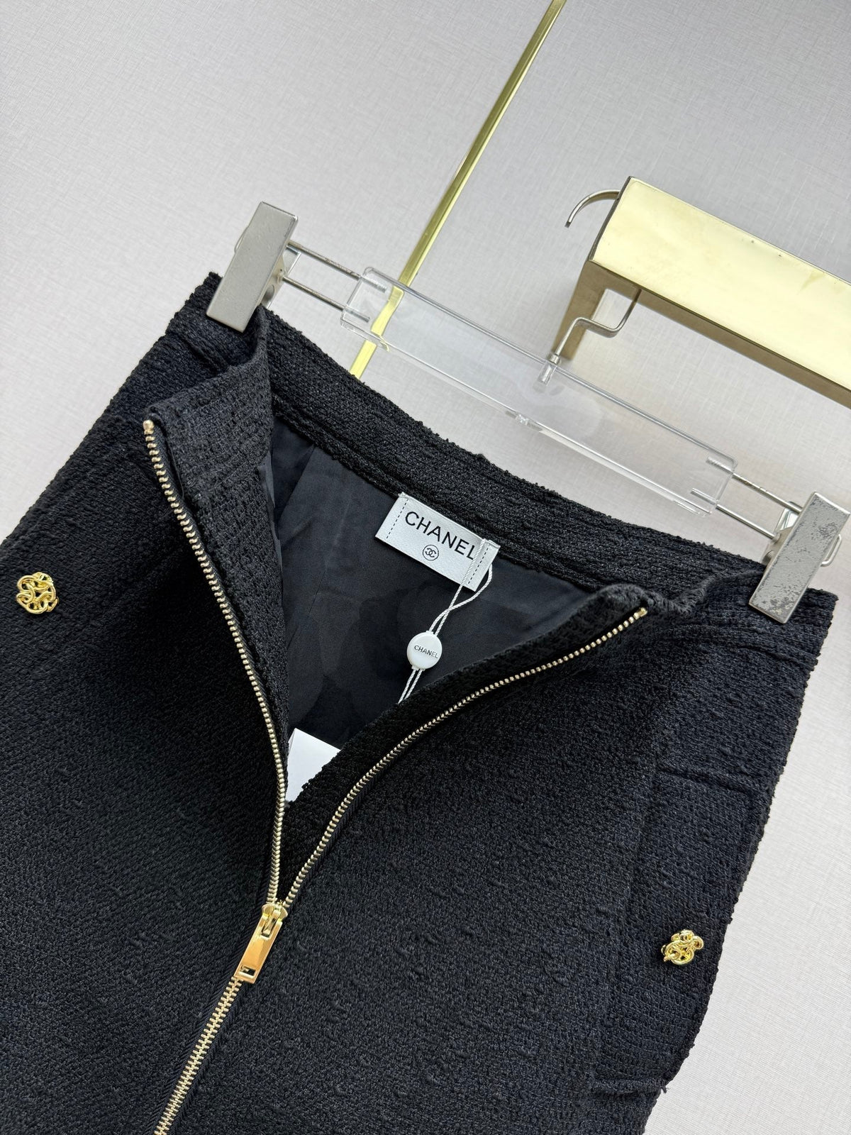 CC 26SS Tweed Zip-Up Jacket & High-Waisted Midi Skirt Set Black Cotton 437540